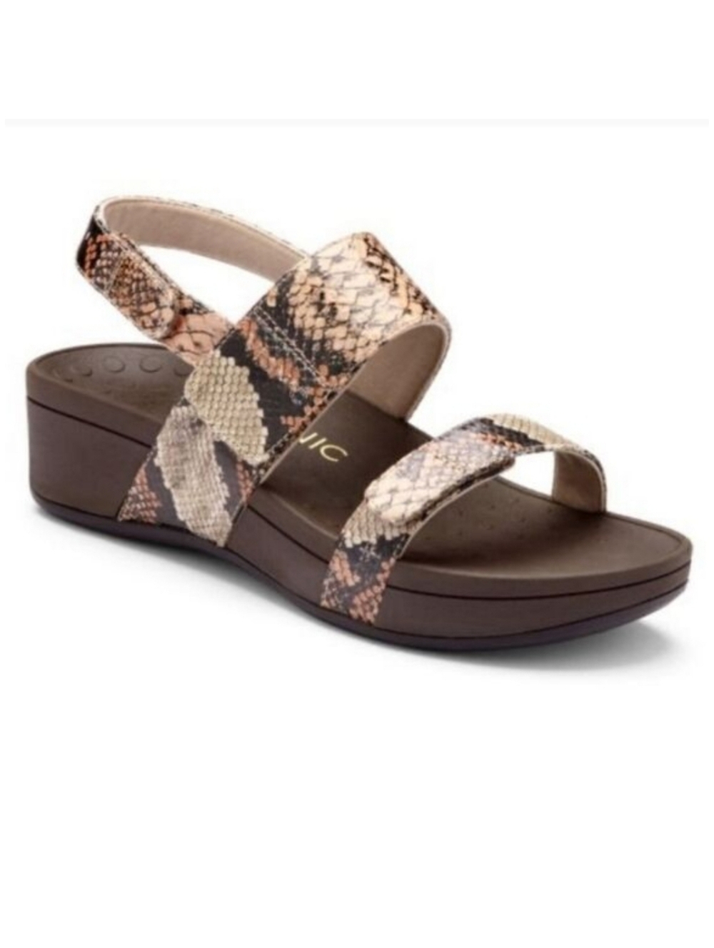 Vionic Orthaheel Bolinas Brown‎ Leather Snake Embossed Strappy Platform Sandals
